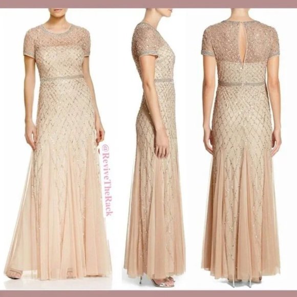 $328 Adrianna‎ Papell Cap Sleeve Beaded Mesh Gown Champagne [Petite 2P ]